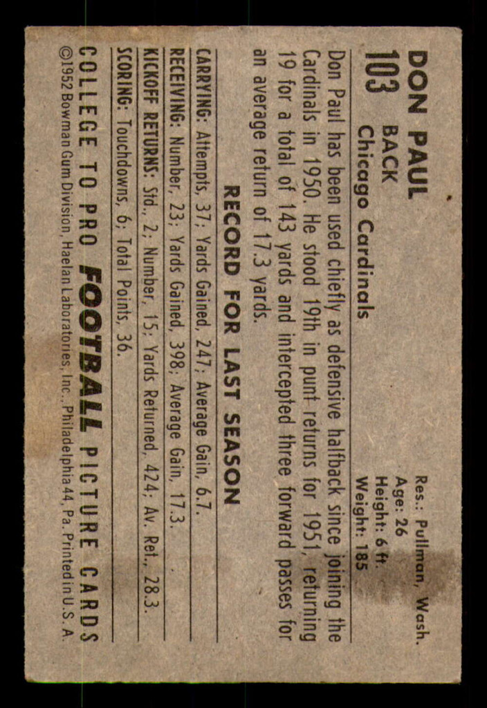 1952 Bowman Small #103 Don Paul VG-EX Small 