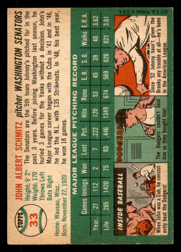 1954 Topps #33 Johnny Schmitz Ex-Mint  ID: 301065