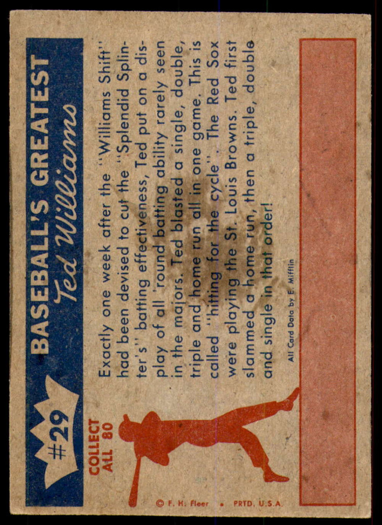 1959 Fleer Ted Williams #29 Ted Hits For The Cycle Excellent 