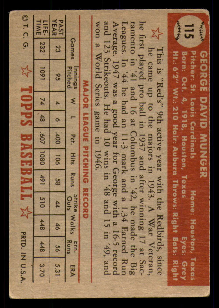 1952 Topps #115 Red Munger Miscut 