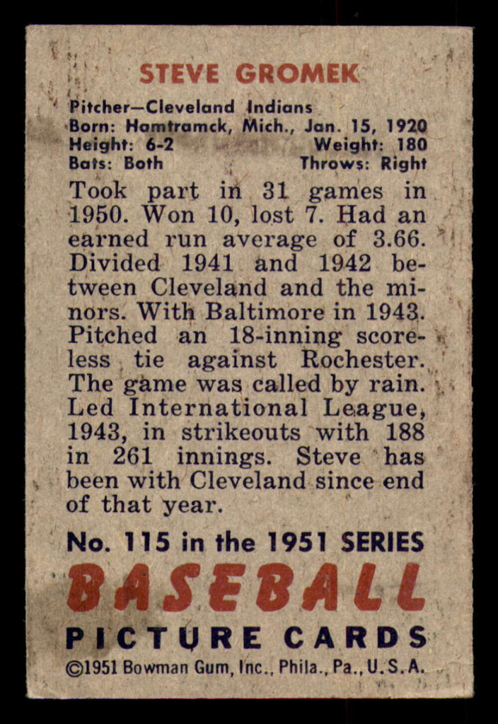 1951 Bowman #115 Steve Gromek Excellent  ID: 298228