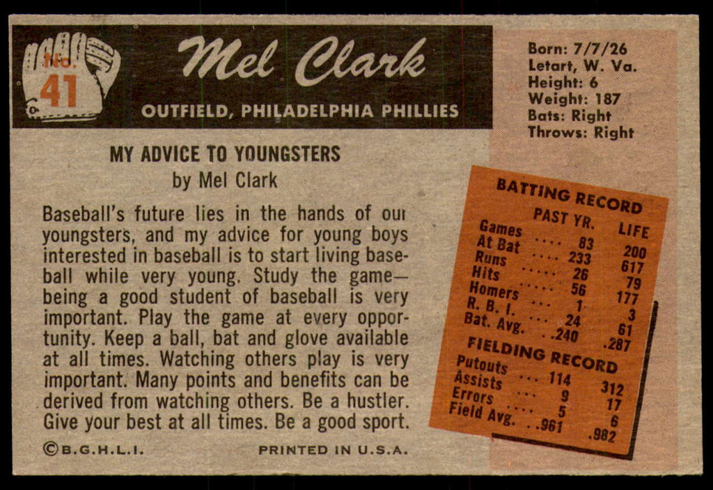 1955 Bowman #41 Mel Clark Ex-Mint  ID: 255243