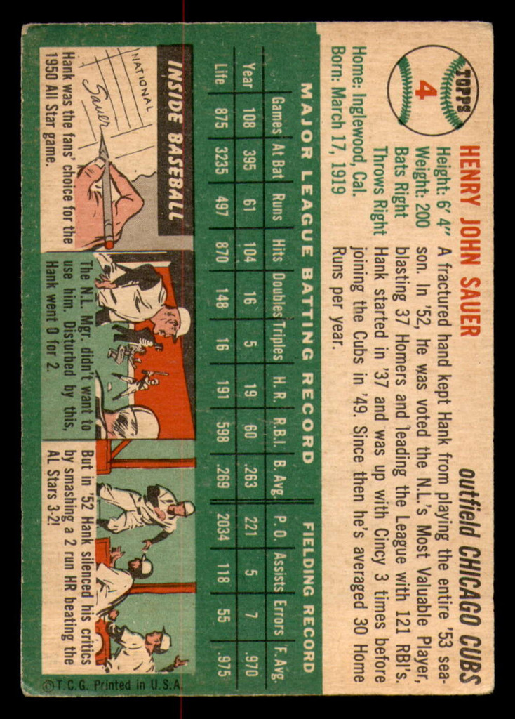 1954 Topps #4 Hank Sauer Very Good  ID: 296140