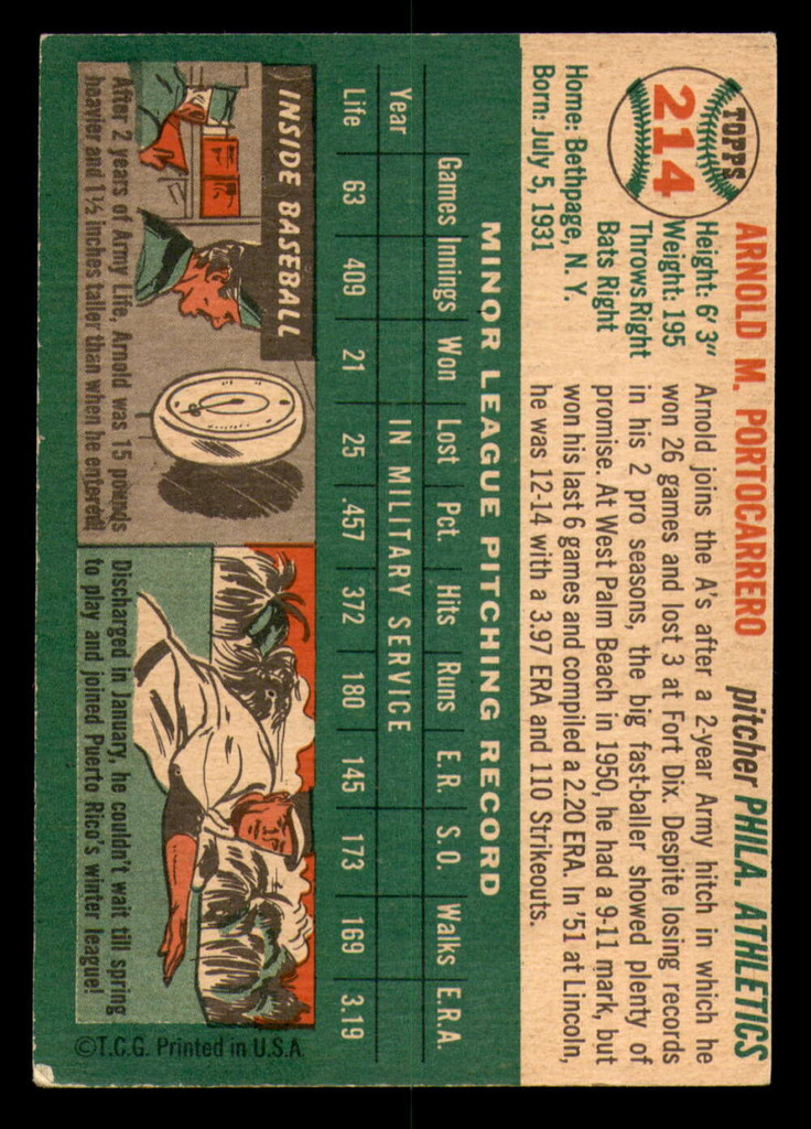 1954 Topps #214 Arnie Portocarrero Excellent+ RC Rookie  ID: 298739