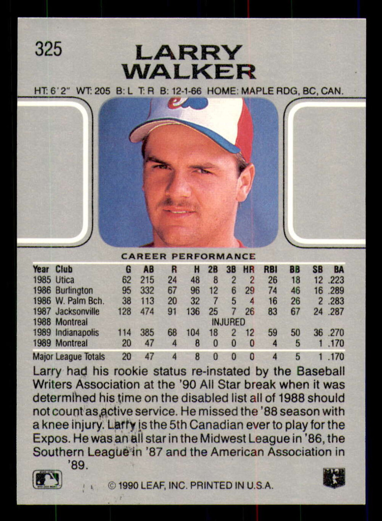 1990 Leaf #325 Larry Walker NM-Mint RC Rookie  ID: 271615