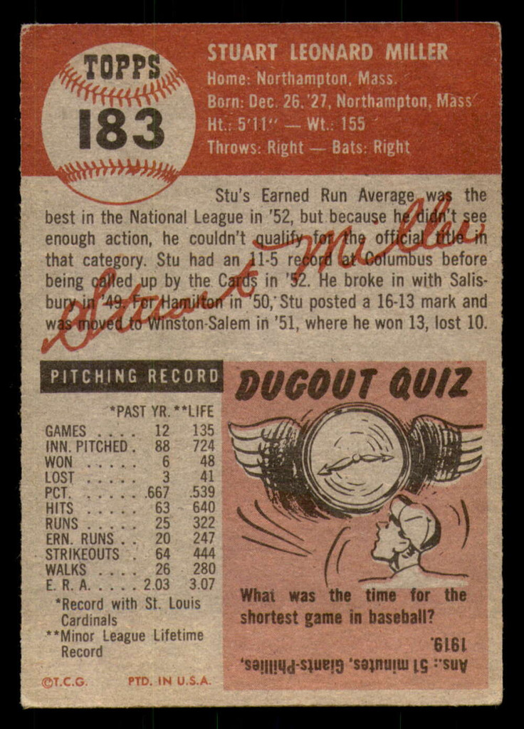 1953 Topps #183 Stu Miller Good RC Rookie 