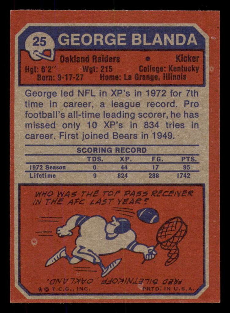 1973 Topps # 25 George Blanda Ex-Mint  ID: 297620