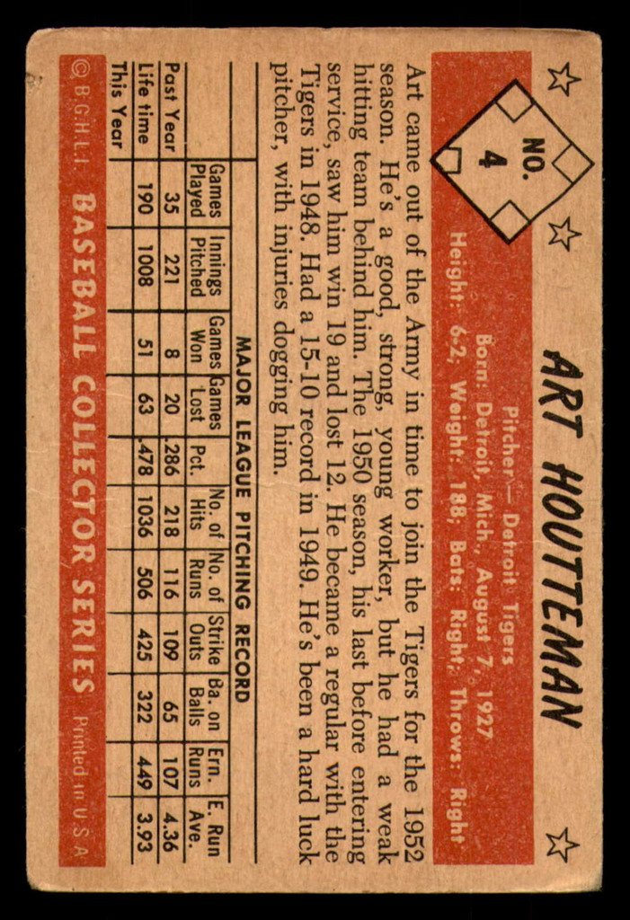 1953 Bowman Color #4 Art Houtteman Good 