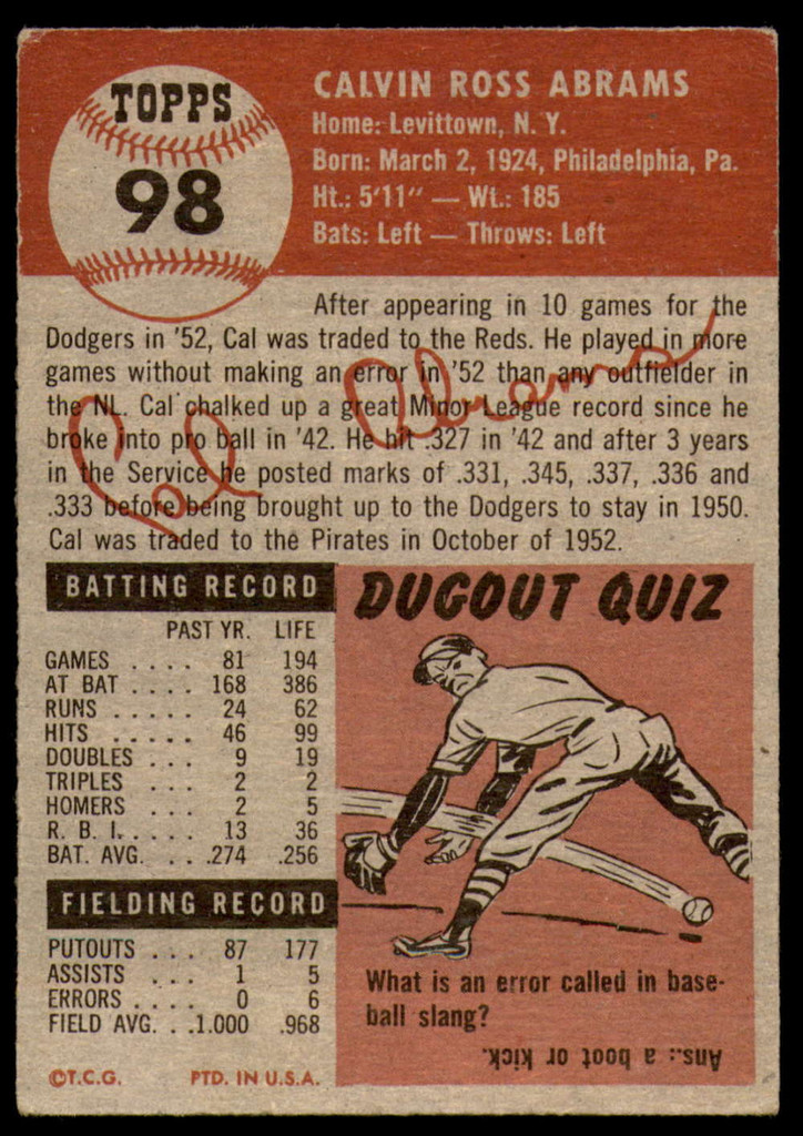 1953 Topps #98 Cal Abrams DP Excellent  ID: 252902