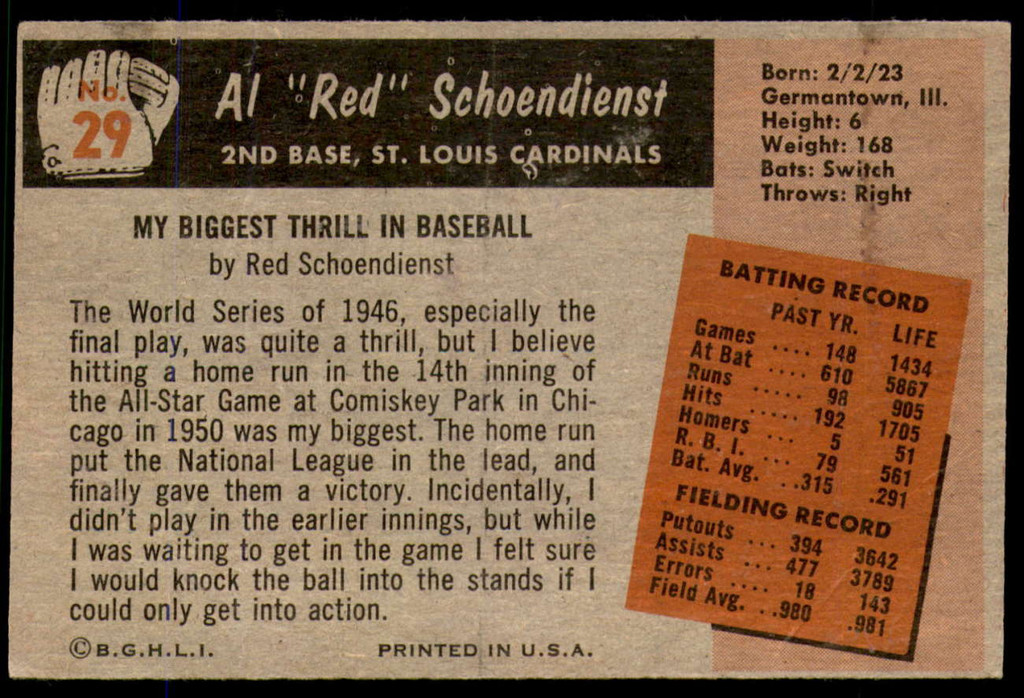 1955 Bowman #29 Red Schoendienst G-VG  ID: 253692