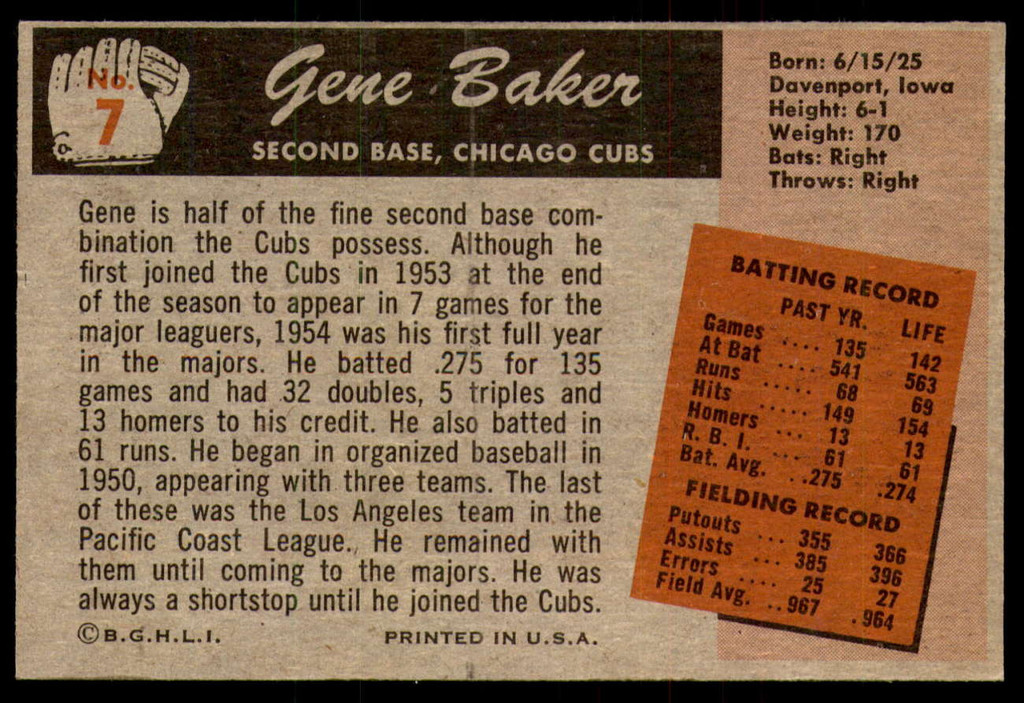 1955 Bowman #7 Gene Baker Excellent+ RC Rookie  ID: 255236