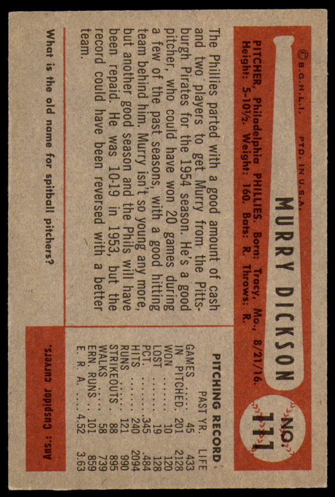 1954 Bowman #111 Murry Dickson Excellent+  ID: 253553