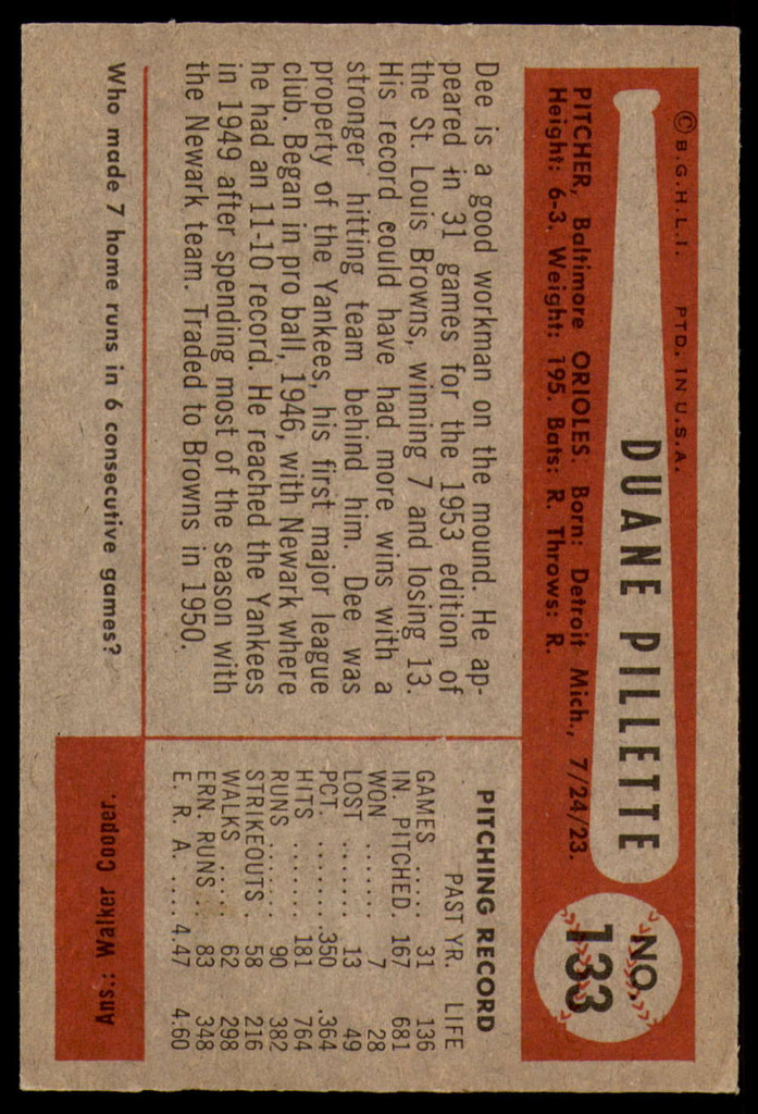 1954 Bowman #133 Duane Pillette Excellent+ 