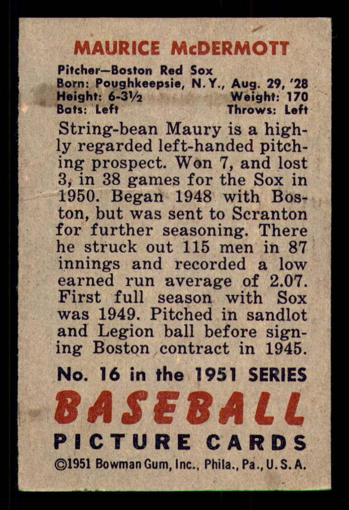 1951 Bowman #16 Mickey McDermott Very Good 