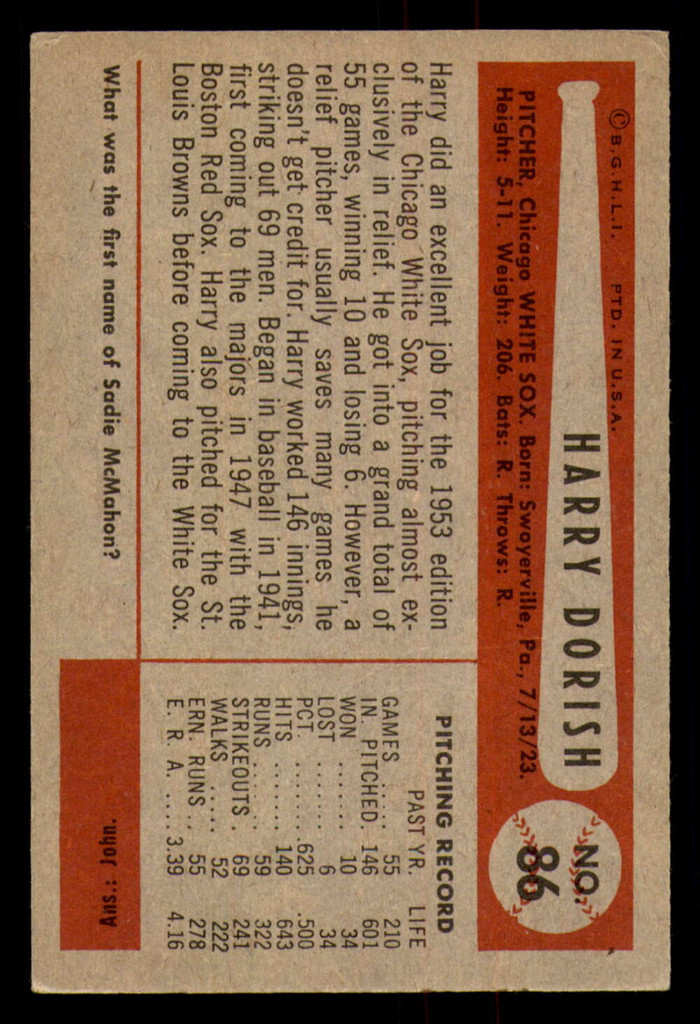 1954 Bowman #86 Harry Dorish Excellent 