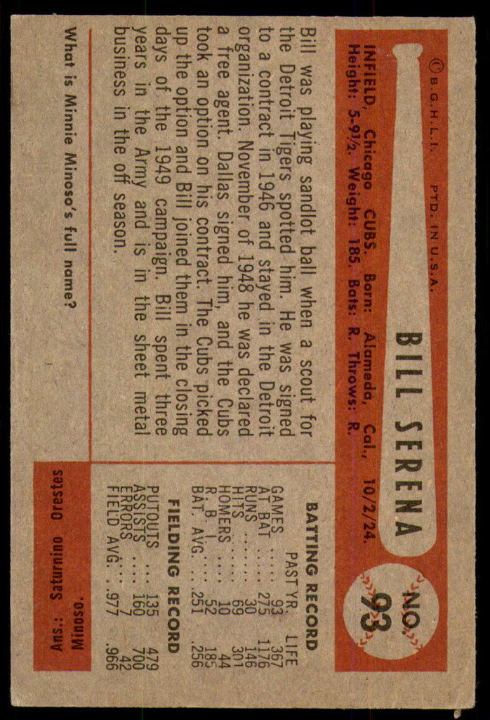 1954 Bowman #93 Bill Serena Excellent+  ID: 253212