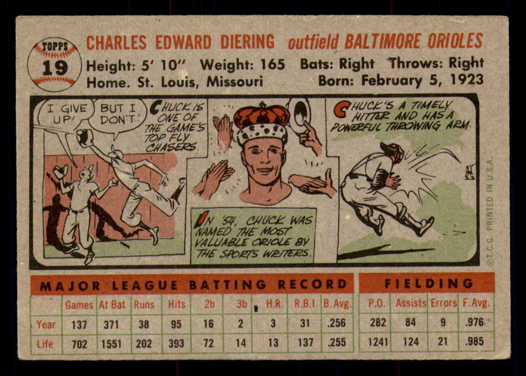 1956 Topps #19A Chuck Diering Grey Backs Excellent+  ID: 296481