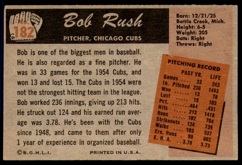1955 Bowman #182 Bob Rush Excellent+ 