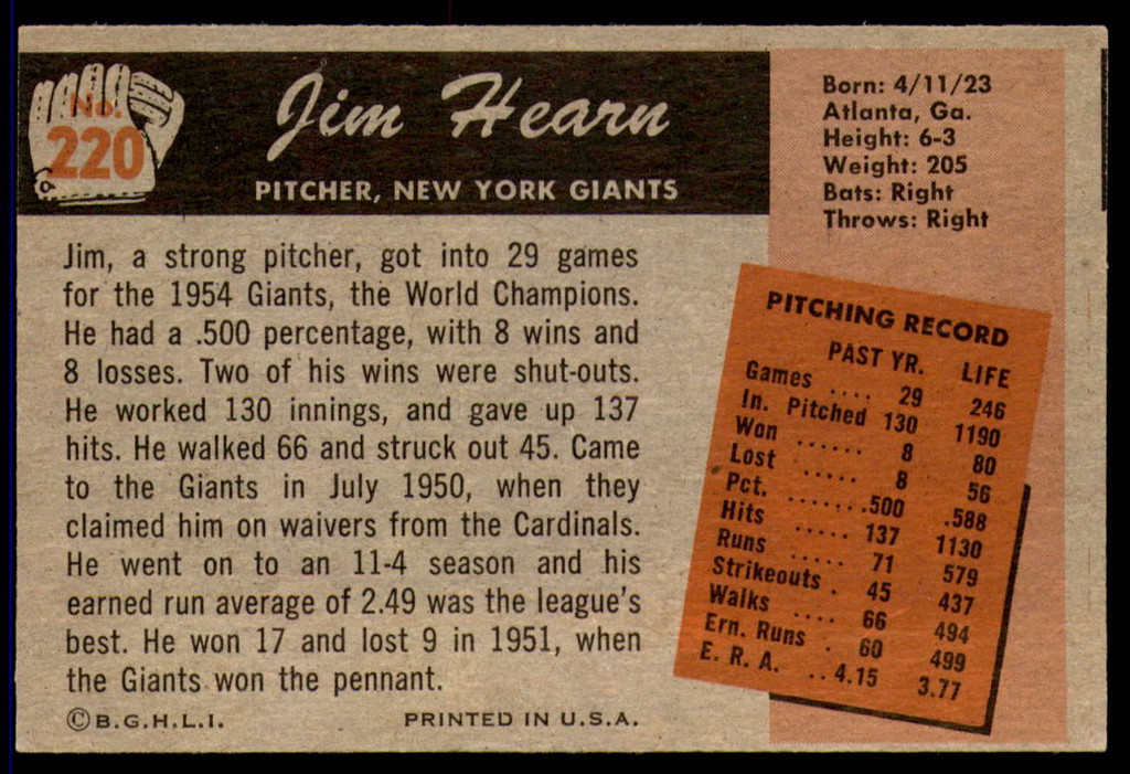 1955 Bowman #220 Jim Hearn Excellent+  ID: 253805