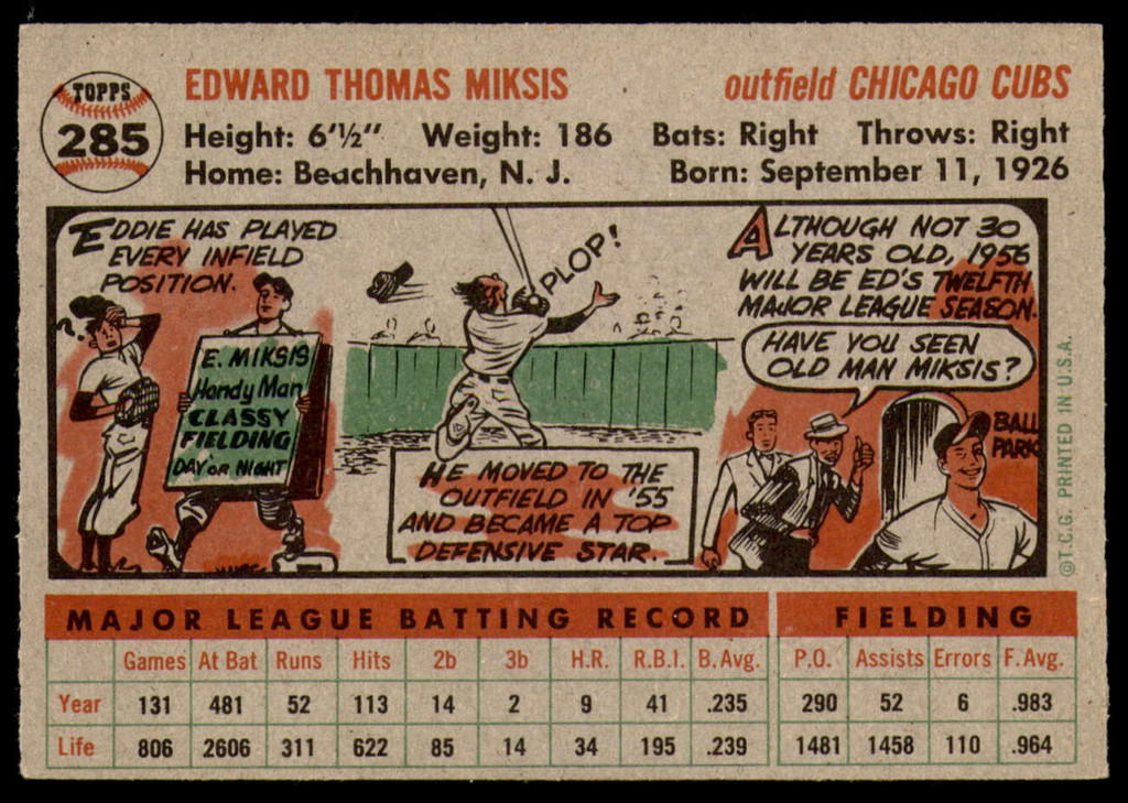 1956 Topps #285 Eddie Miksis Excellent+  ID: 259698