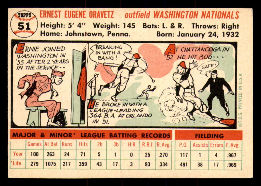 1956 Topps #51B Ernie Oravetz White Backs Excellent+ RC Rookie  ID: 296574