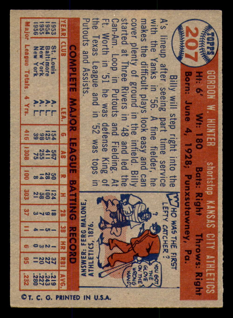 1957 Topps #207 Billy Hunter Ex-Mint  ID: 300682