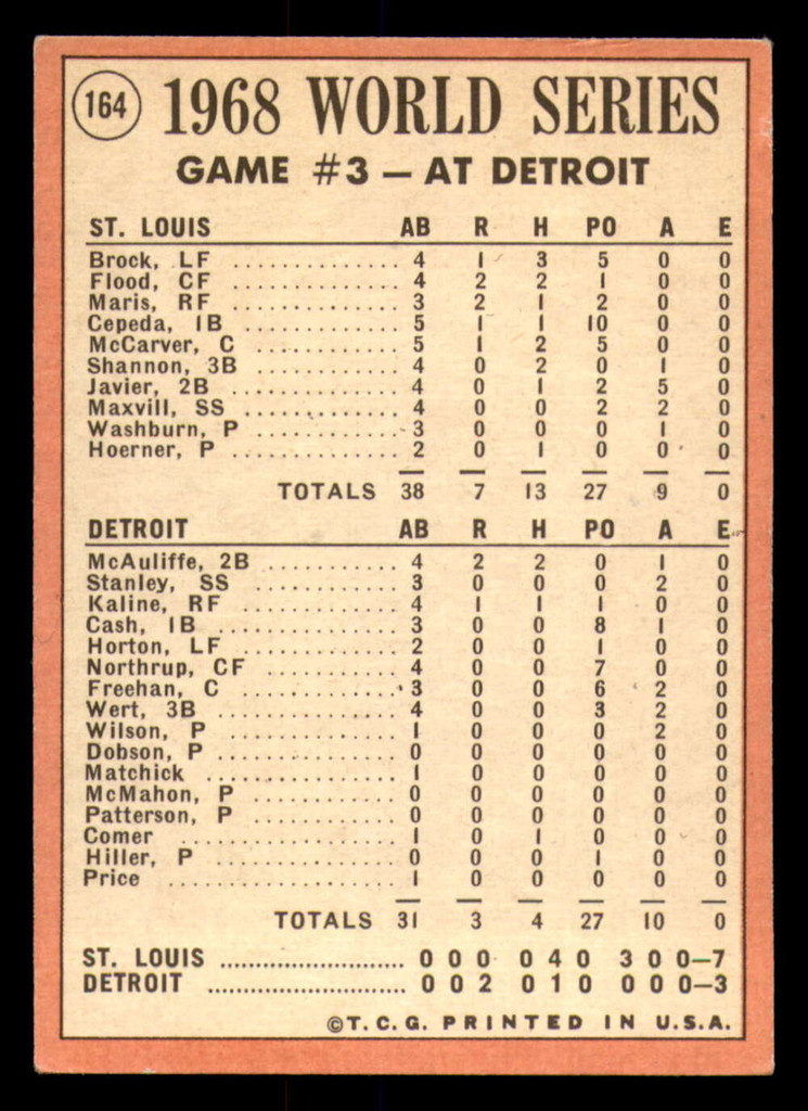1969 Topps #164 World Series Game 3 McCarver's Homer Puts St. Louis Ahead Excellent  ID: 290444