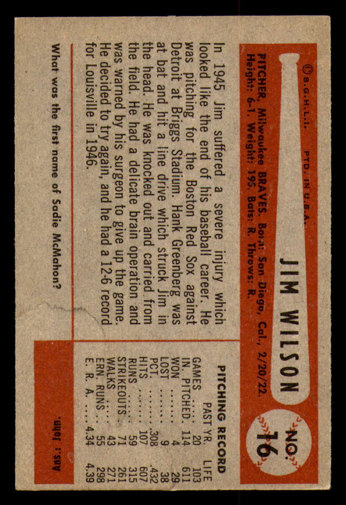 1954 Bowman #16 Jim Wilson Excellent 