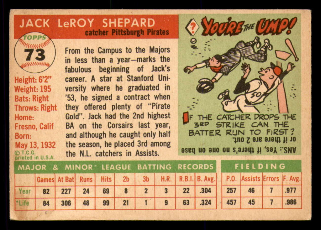 1955 Topps #73 Jack Shepard Excellent RC Rookie 