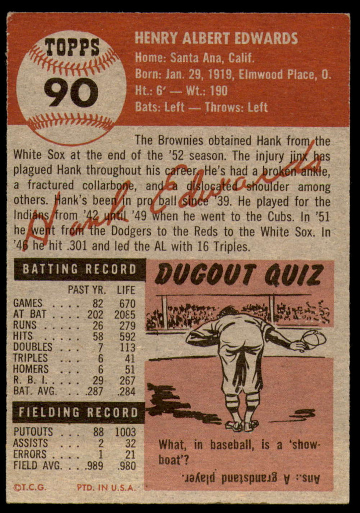 1953 Topps #90 Hank Edwards DP VG-EX 