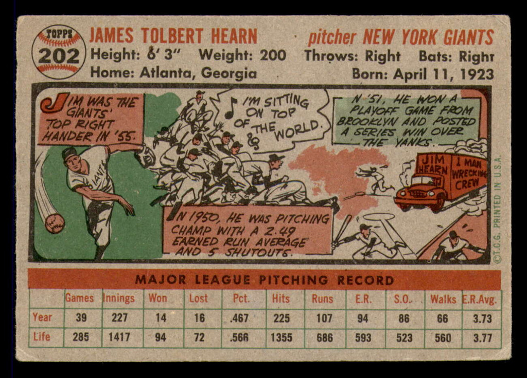 1956 Topps #202 Jim Hearn VG-EX  ID: 298980
