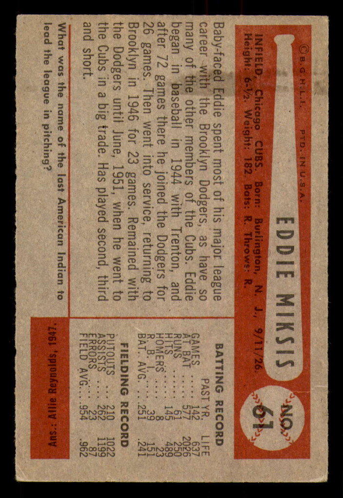 1954 Bowman #61 Eddie Miksis Excellent 