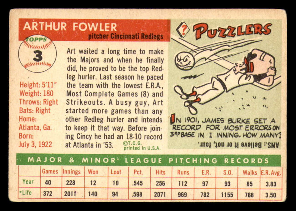 1955 Topps #3 Art Fowler Very Good RC Rookie  ID: 297232