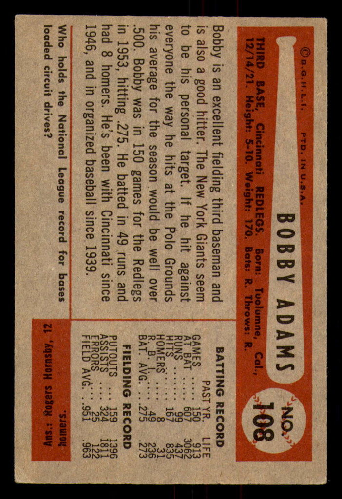 1954 Bowman #108 Bobby Adams VG-EX 