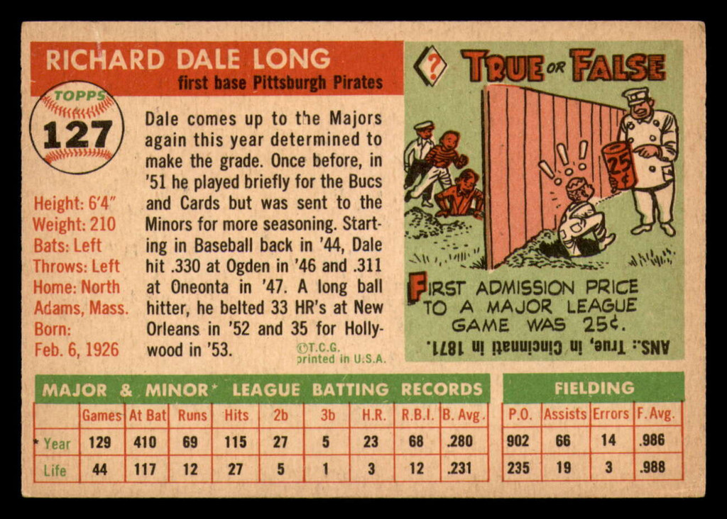 1955 Topps #127 Dale Long Very Good RC Rookie  ID: 297355