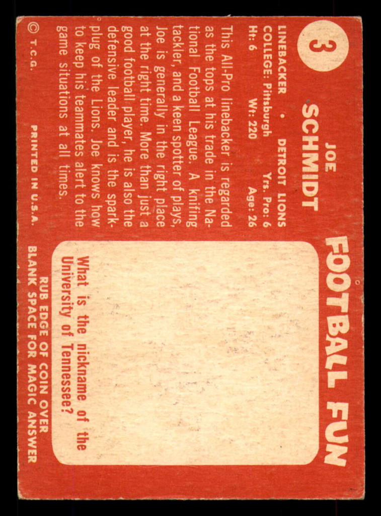 1958 Topps #3 Joe Schmidt VG-EX  ID: 268179
