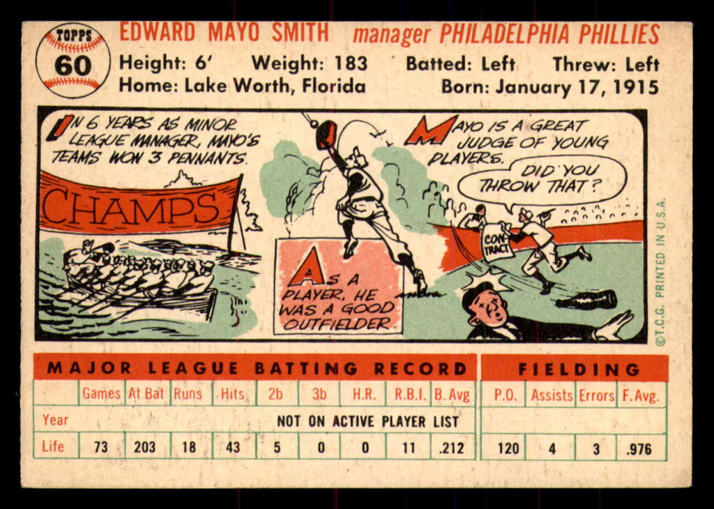 1956 Topps #60B Mayo Smith White Backs Excellent  ID: 296622