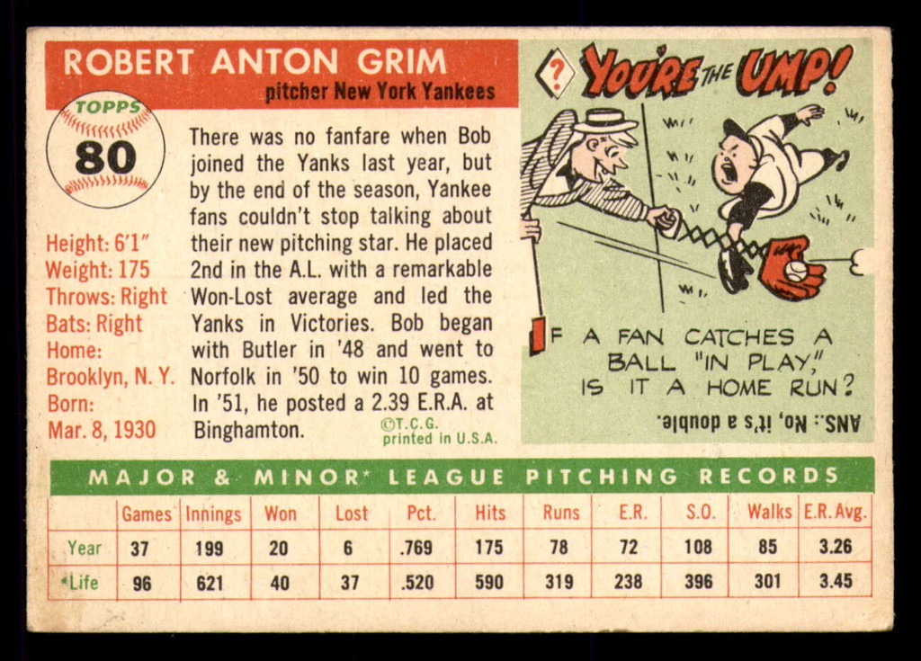 1955 Topps #80 Bob Grim Very Good RC Rookie  ID: 296418