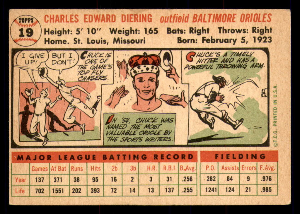 1956 Topps #19B Chuck Diering White Backs VG-EX  ID: 296478
