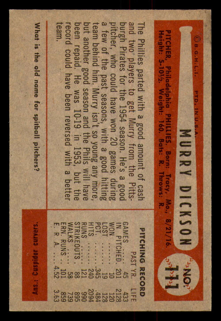 1954 Bowman #111 Murry Dickson Very Good  ID: 299297