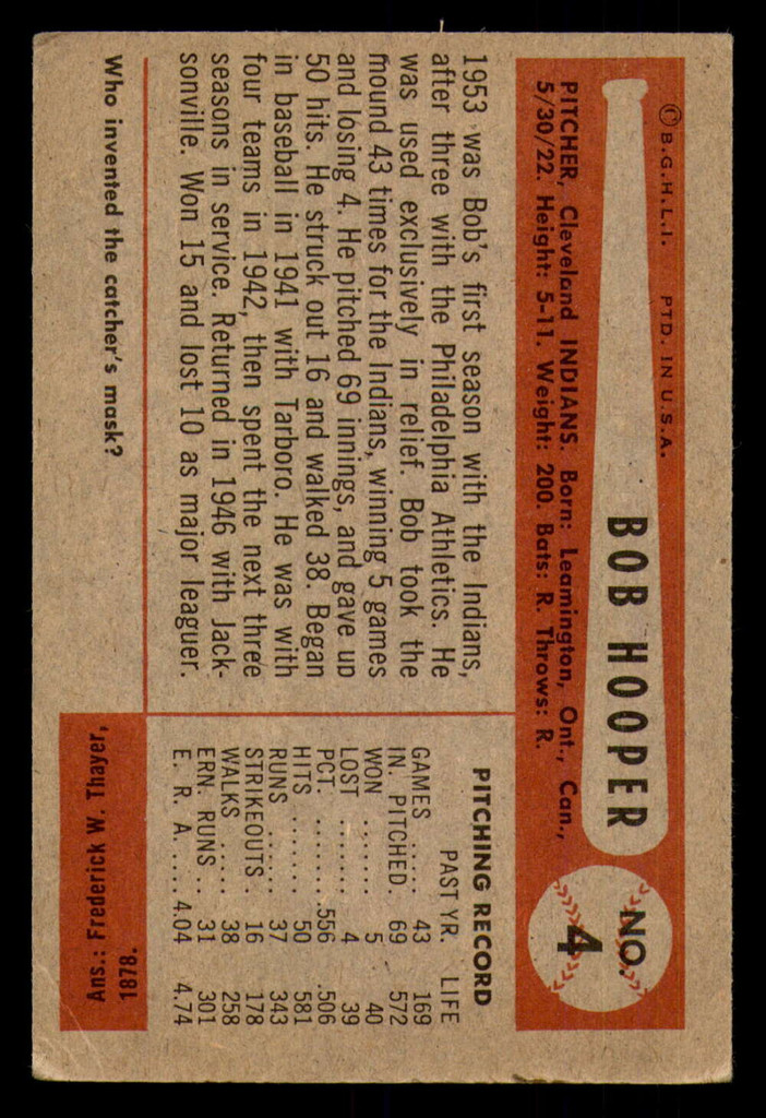 1954 Bowman #4 Bob Hooper Very Good  ID: 296230