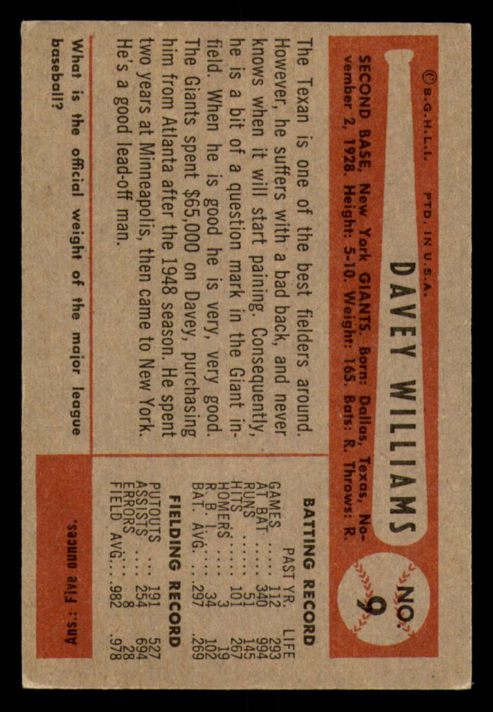 1954 Bowman #9 Dave Williams Very Good  ID: 276557