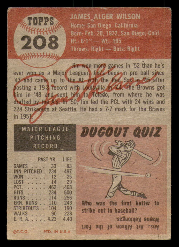 1953 Topps #208 Jim Wilson Poor  ID: 296115