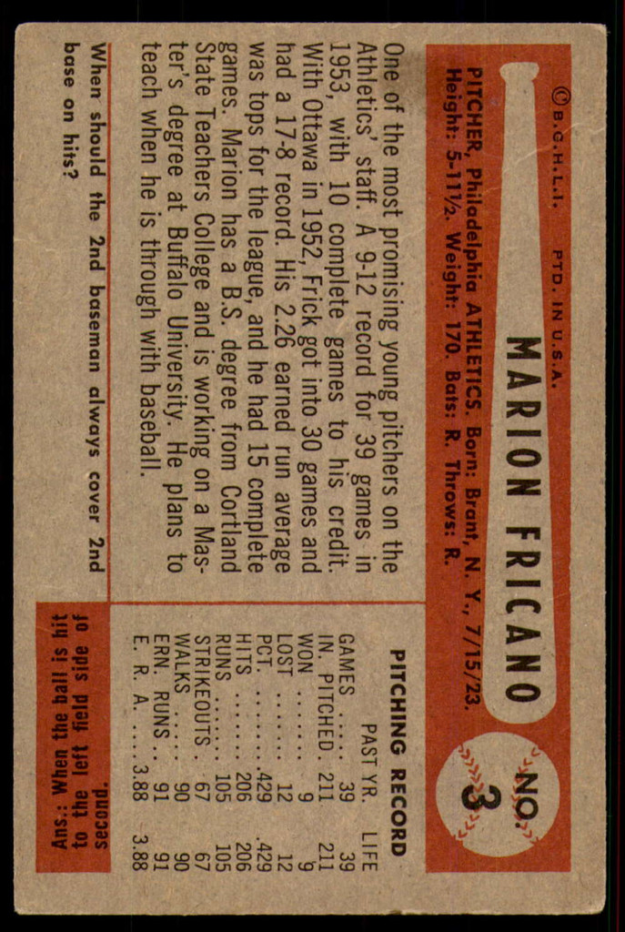 1954 Bowman #3 Marion Fricano Very Good  ID: 253130