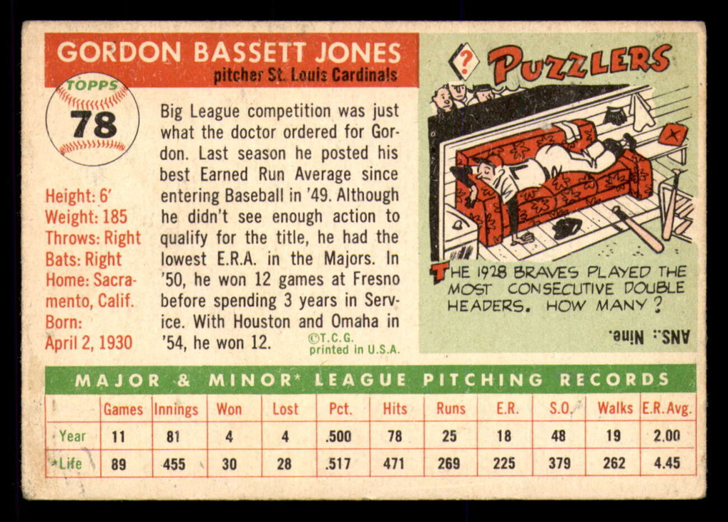 1955 Topps #78 Gordon Jones Very Good RC Rookie  ID: 296413