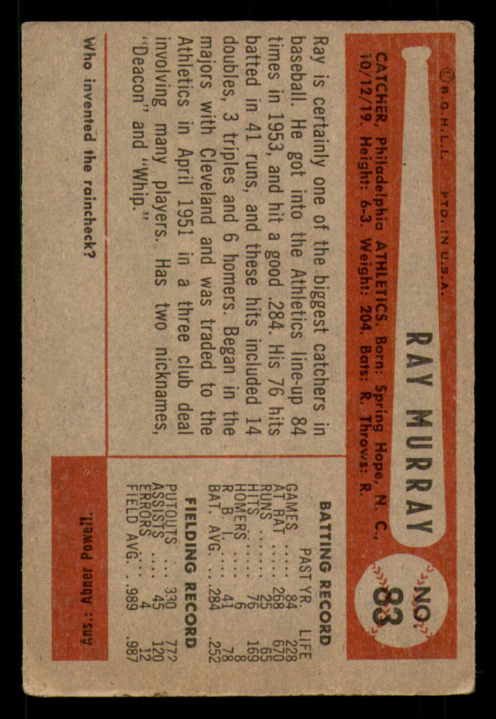 1954 Bowman #83 Ray Murray G-VG  ID: 296251
