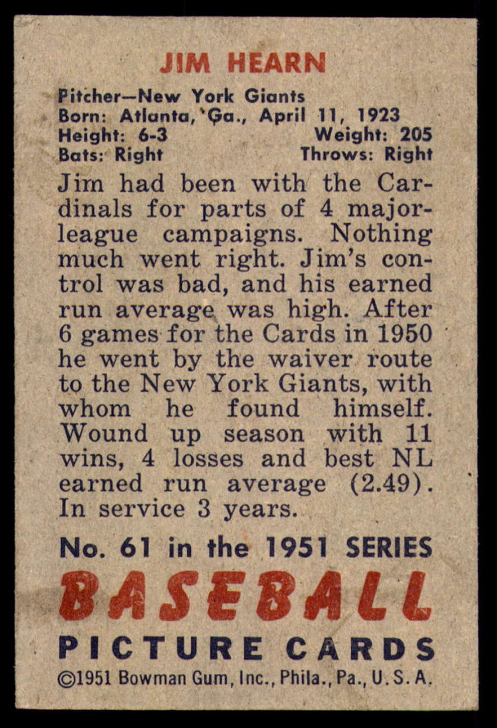 1951 Bowman #61 Jim Hearn Excellent+ 