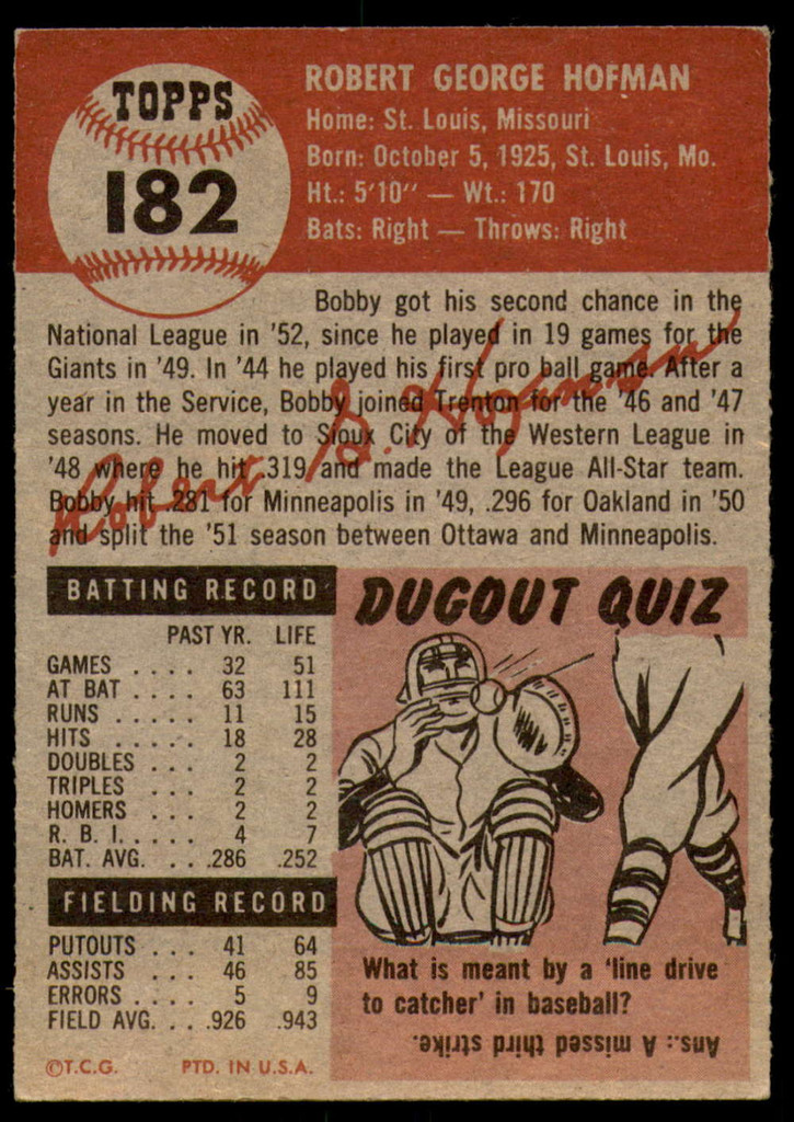 1953 Topps #182 Bobby Hofman Excellent+ 