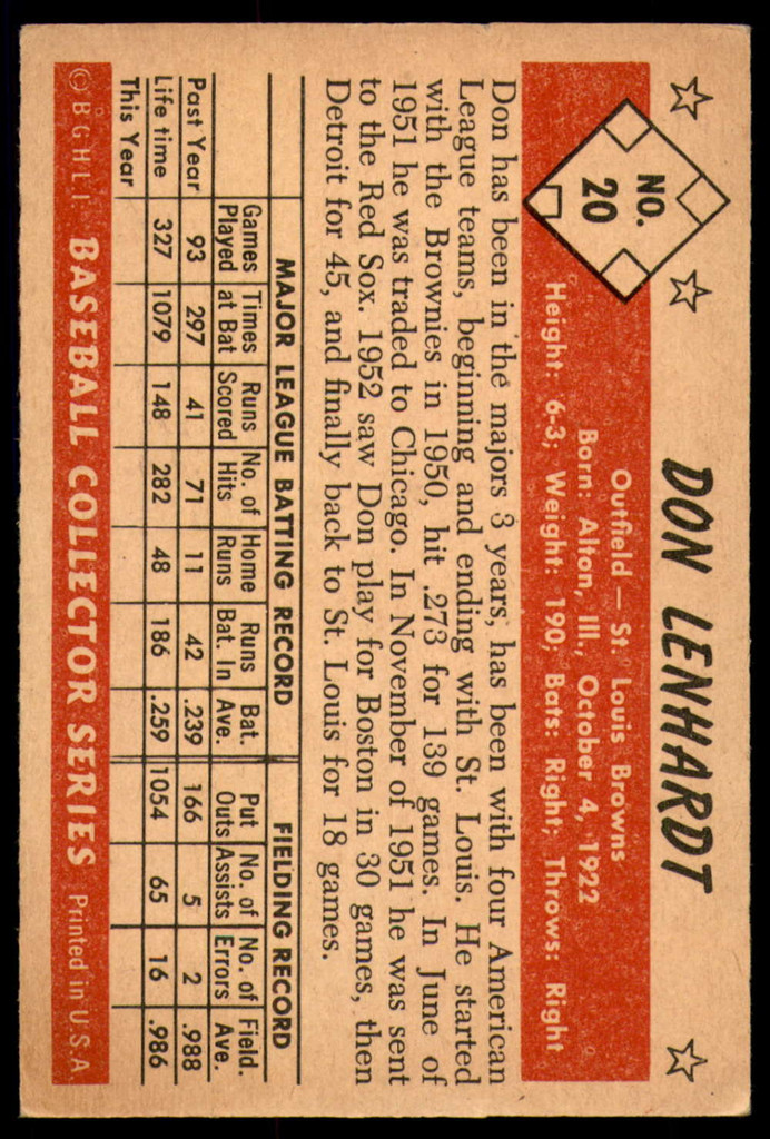 1953 Bowman Color #20 Don Lenhardt Very Good  ID: 237321