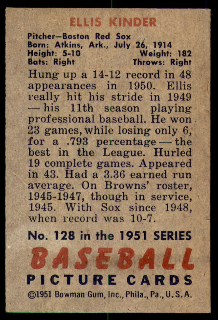 1951 Bowman #128 Ellis Kinder Excellent+  ID: 209926